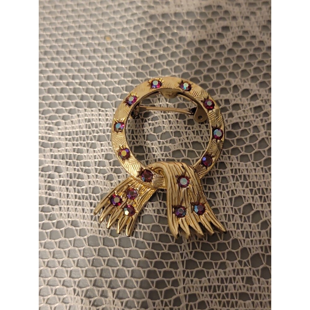 Vintage AB Wreath Circle Silver Tone Brooch Red Aurora Borealis Rhinestone Pin